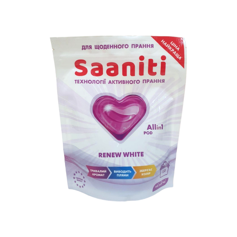 Капсули для стирки однокомпонентные SAANITI Renew white 10 шт. 170 г. 0303